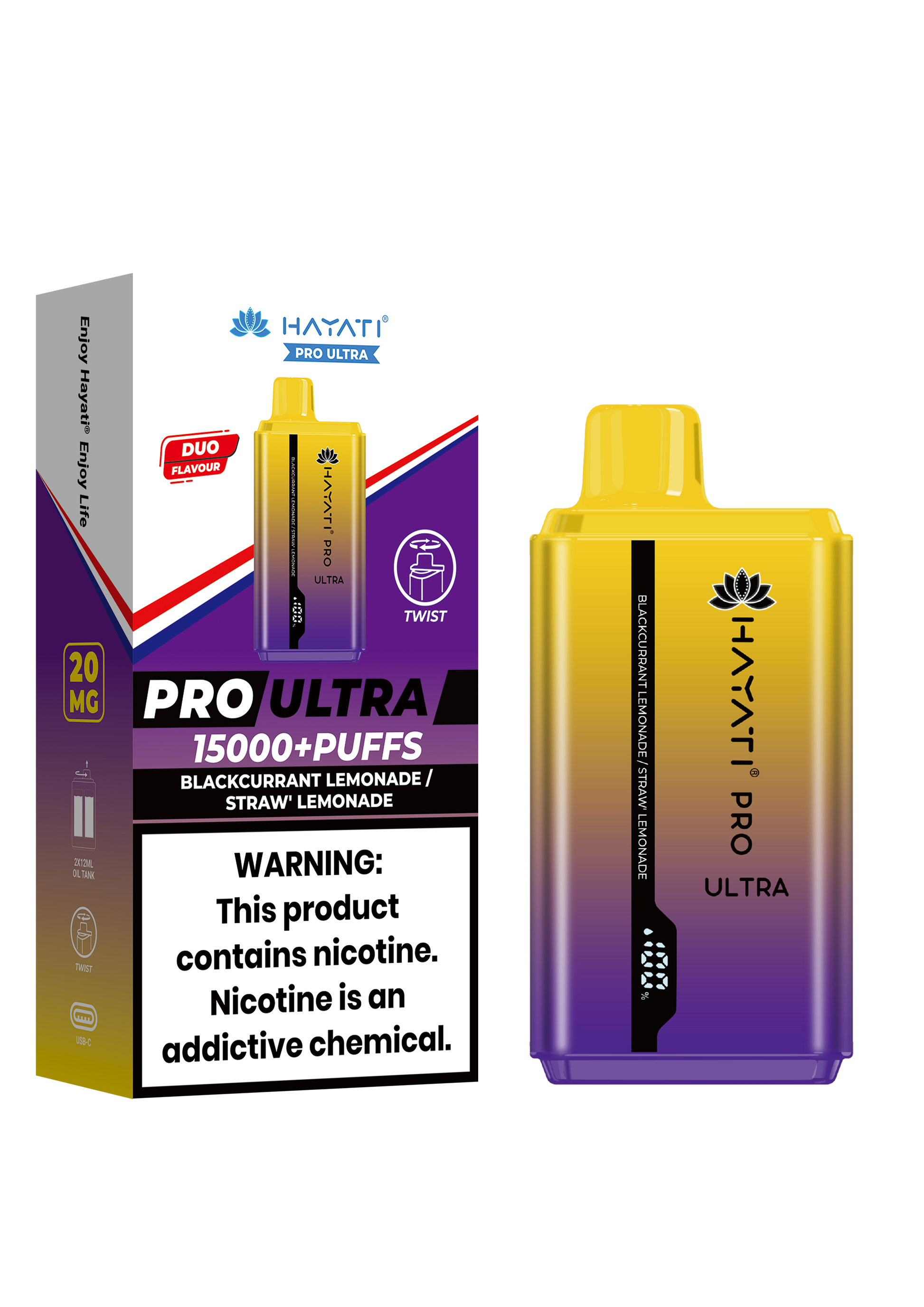 Hayati Pro Ultra 15000 Puffs Disposable Vape - Blackcurrant Lemonade / Straw' Lemonade