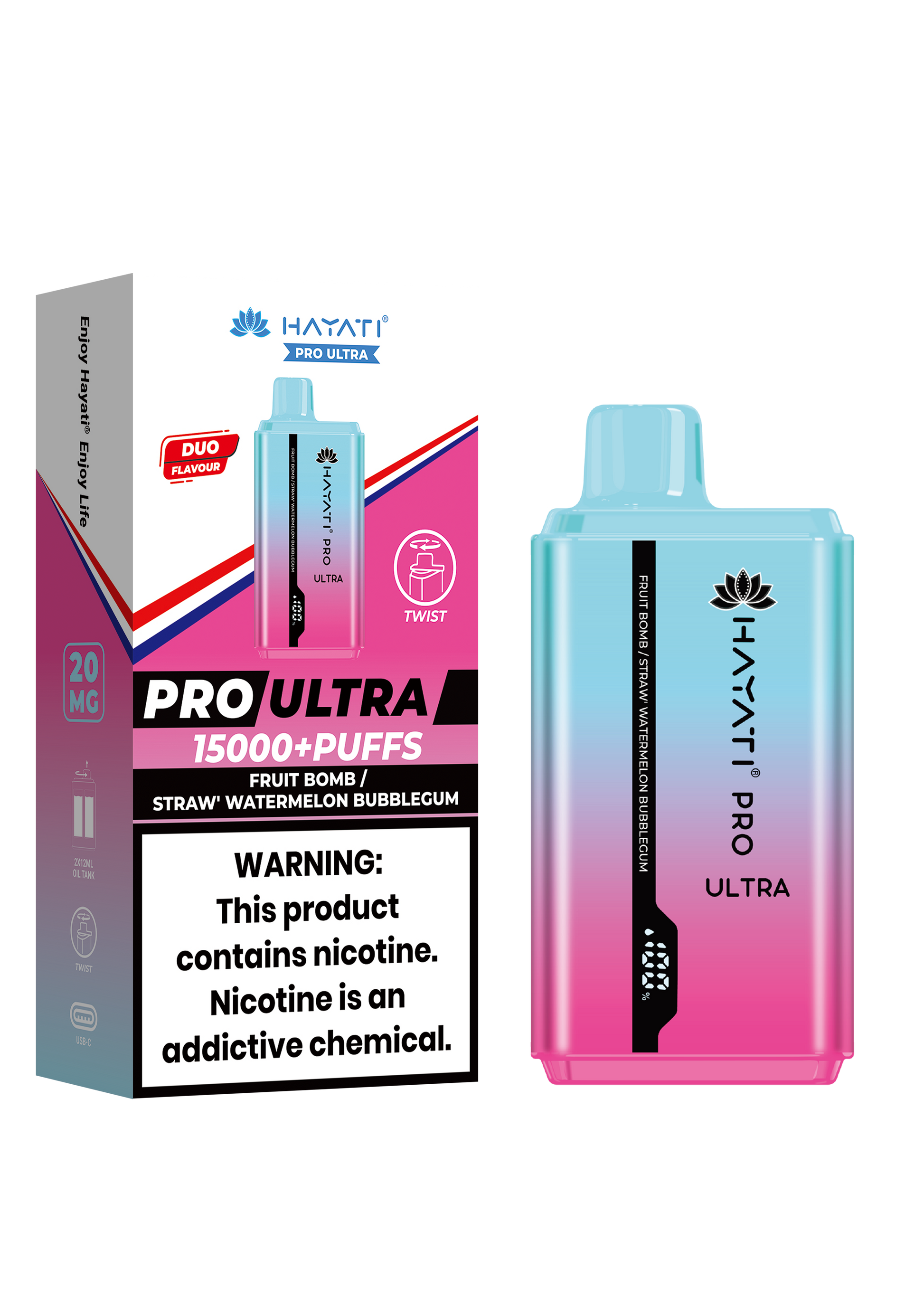 Hayati Pro Ultra 15000 Puffs Disposable Vape - Fruit Bomb / Straw Watermelon Bubblegum