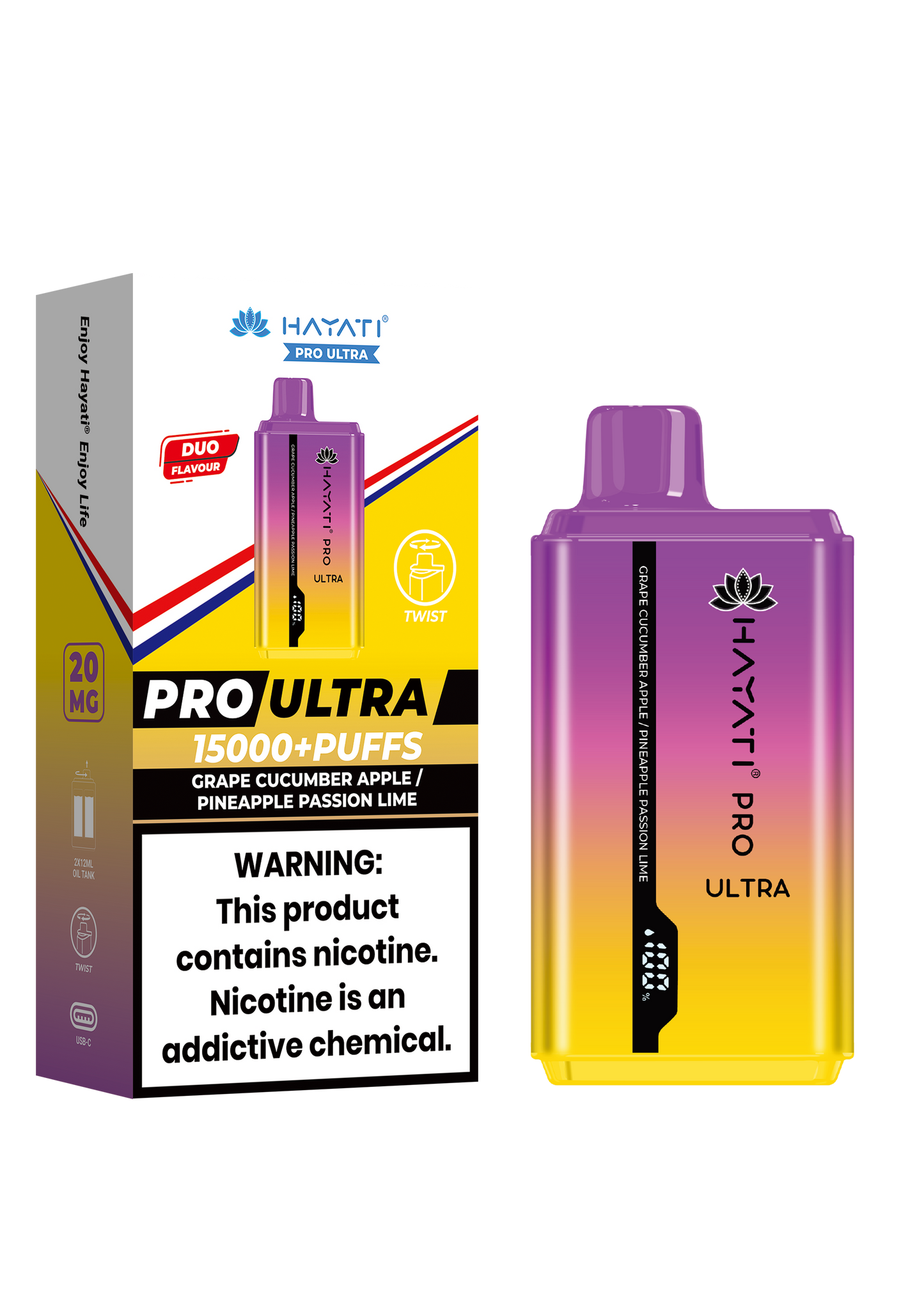 Hayati Pro Ultra 15000 Puffs Disposable Vape - Grape Cucumber Apple / Pineapple Passion Lime