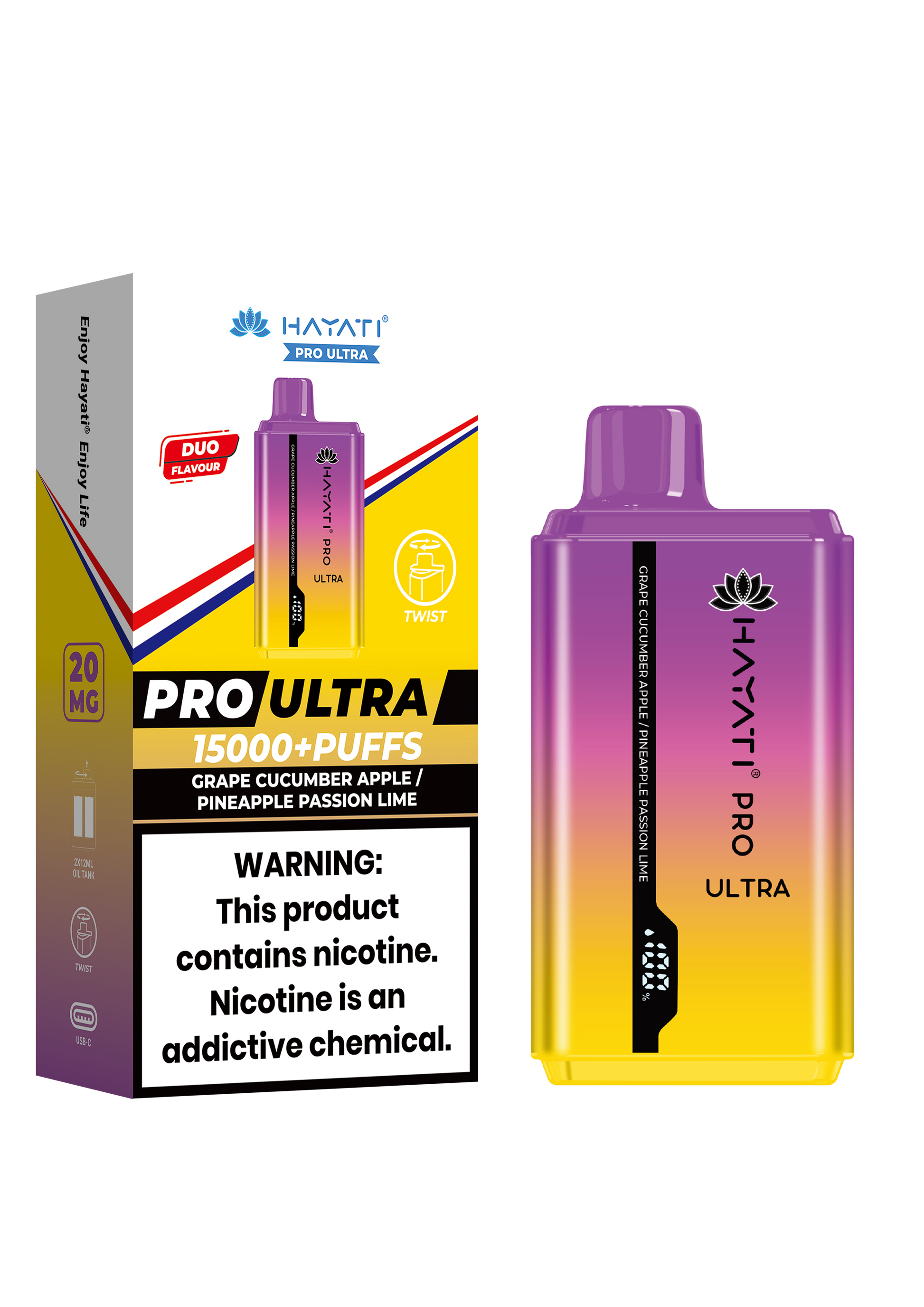 Hayati Pro Ultra 15000 Puffs Disposable Vape - Grape Cucumber Apple / Pineapple Passion Lime