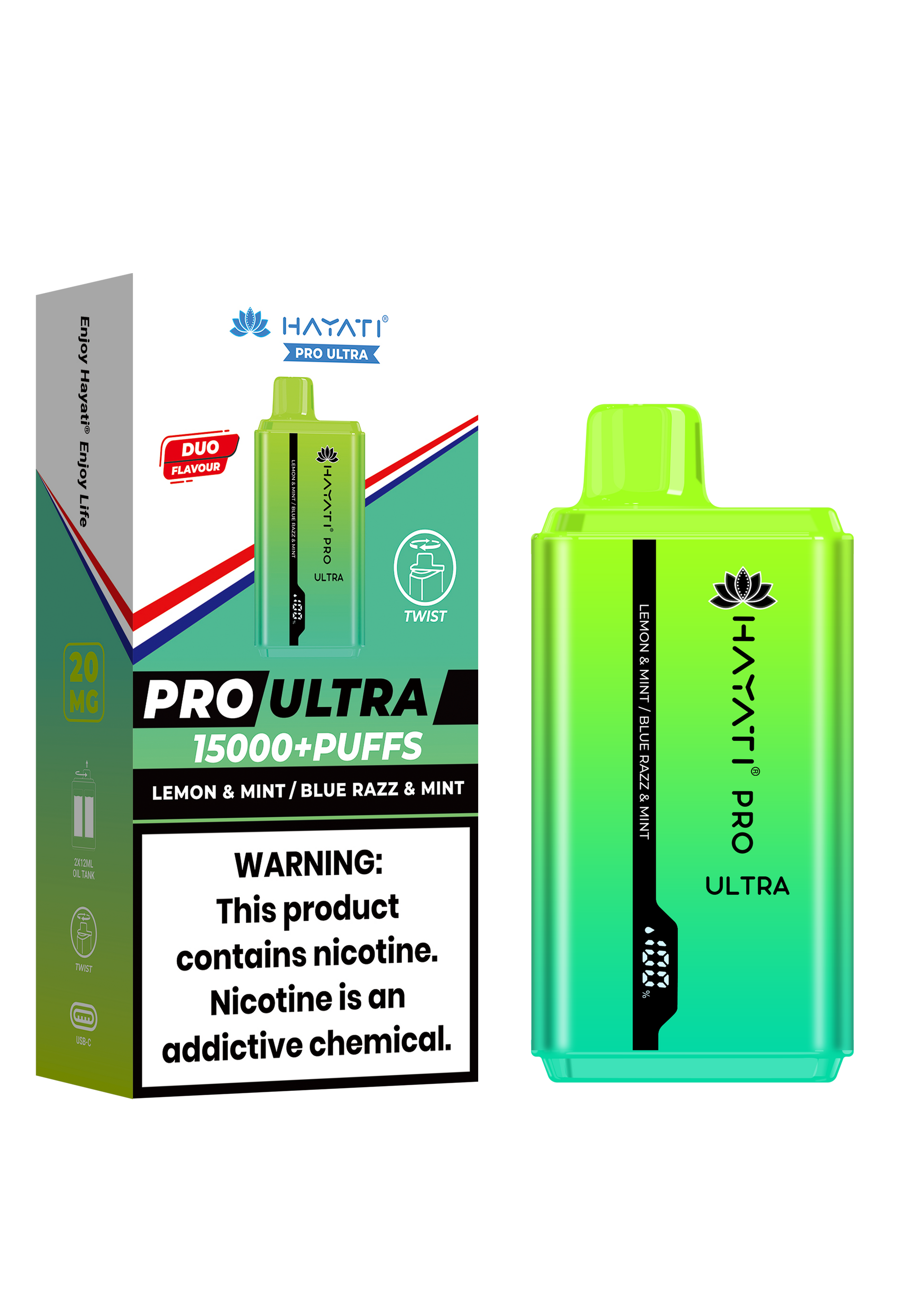 Hayati Pro Ultra 15000 Puffs Disposable Vape - Lemon & Mint / Blue Razz & Mint