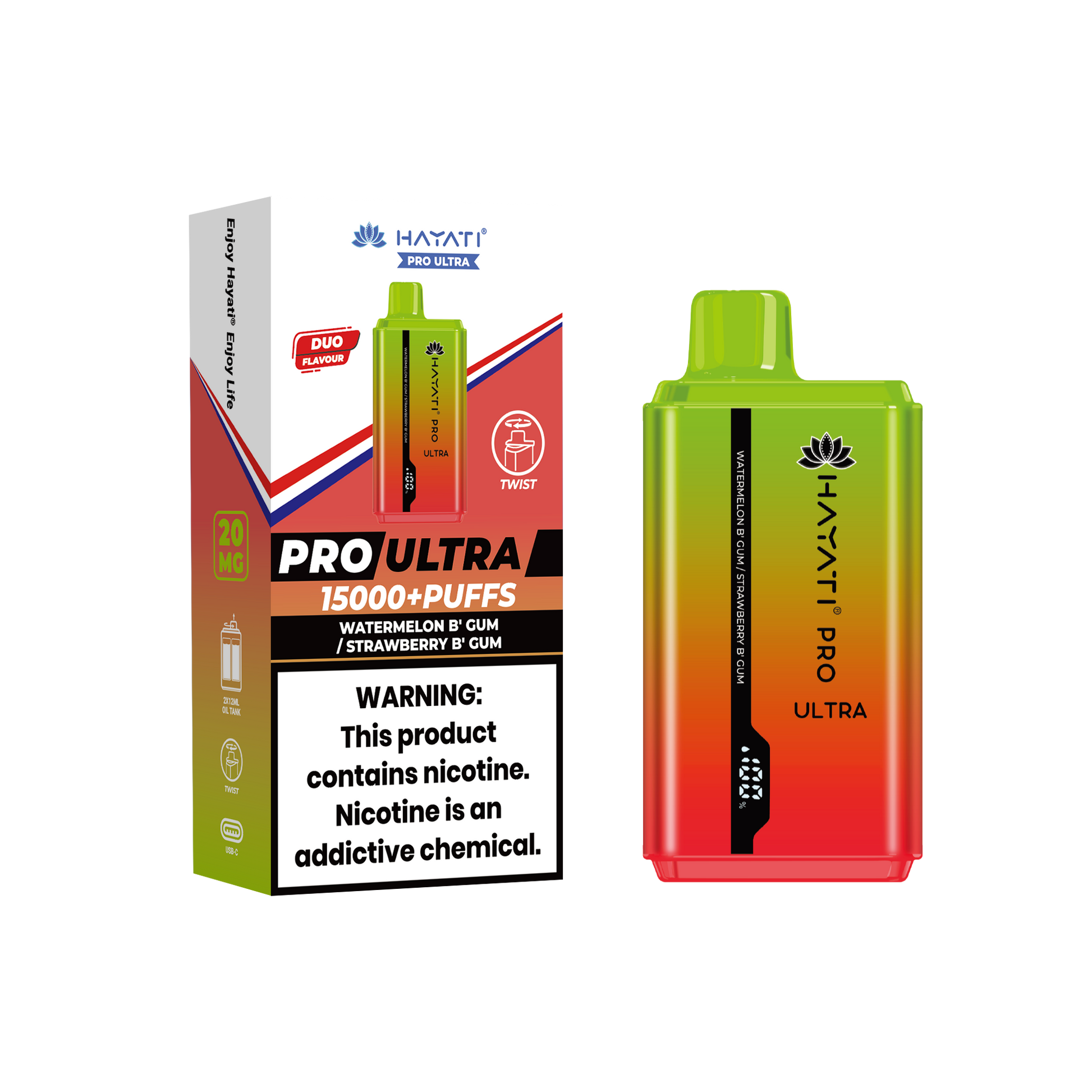 Hayati Pro Ultra 15000 Puffs Disposable Vape-Watermelon Bubblegum / Strawberry Bubblegum